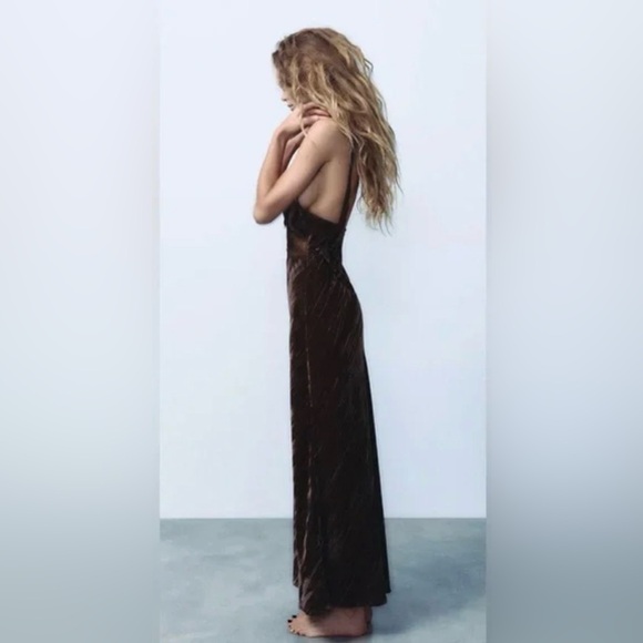 Zara Velvet Lace Trim Midi Dress Brown Slip Dress Size S 🤎 - Picture 6 of 13